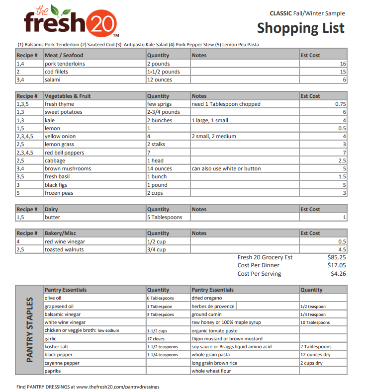 fresh 20 shopping list
