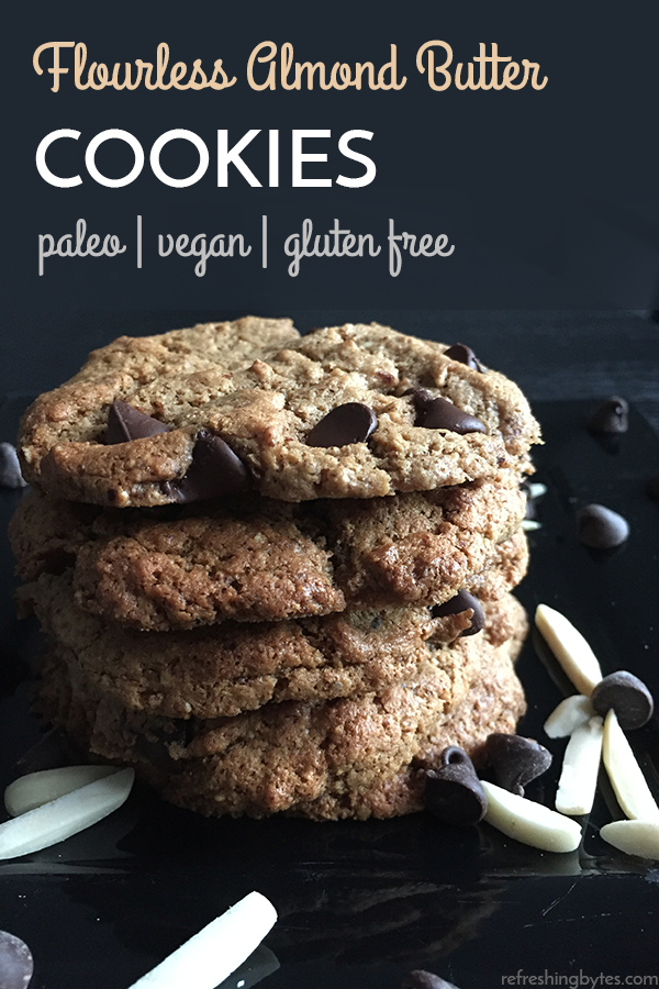 Looking for flourless, healthy, gluten free almond butter cookies? Try these Paleo vegan almond butter chocolate chip cookies - This six ingredient easy to make paleo almond butter chocolate chip cookie recipe is flourless (naturally gluten free), eggless (it’s vegan!), and has no butter or oil, and is refined sugar free, with minimal coconut sugar for those limiting their sugar intake. These cookies are perfect for a healthier dessert or snack! #glutenfree #vegan #healthy #paleo